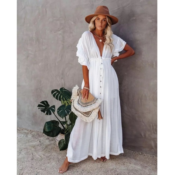 White Boho Deep V Open Back Maxi Cover Up Dress w/ Pockets - Picture 9 of 13